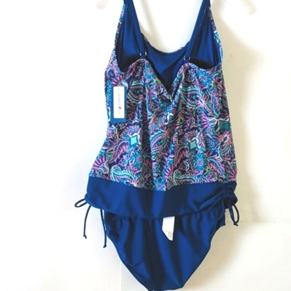 CARIBBEAN JOE BLUE PINK FLORAL RUCHED HIGH-CUT TANKINI 2-PC SET SIZE 12 NWT - Picture 9 of 12